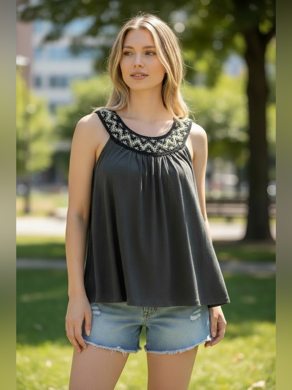LUCKY BRAND Crochet Neckline Boho Cotton Knit Tank Top Medium NWT Summer Beach